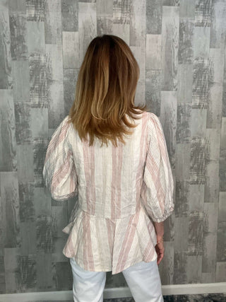 Shirts & Tops 3/4 length sleeve top, 3/4 length top, apparel & accessories, clothing, keyhole back, multi stripe print, peplum hem, shirts & tops, smocked bodice, smocked top, square neck, square neckline Size: Small, Medium, Large