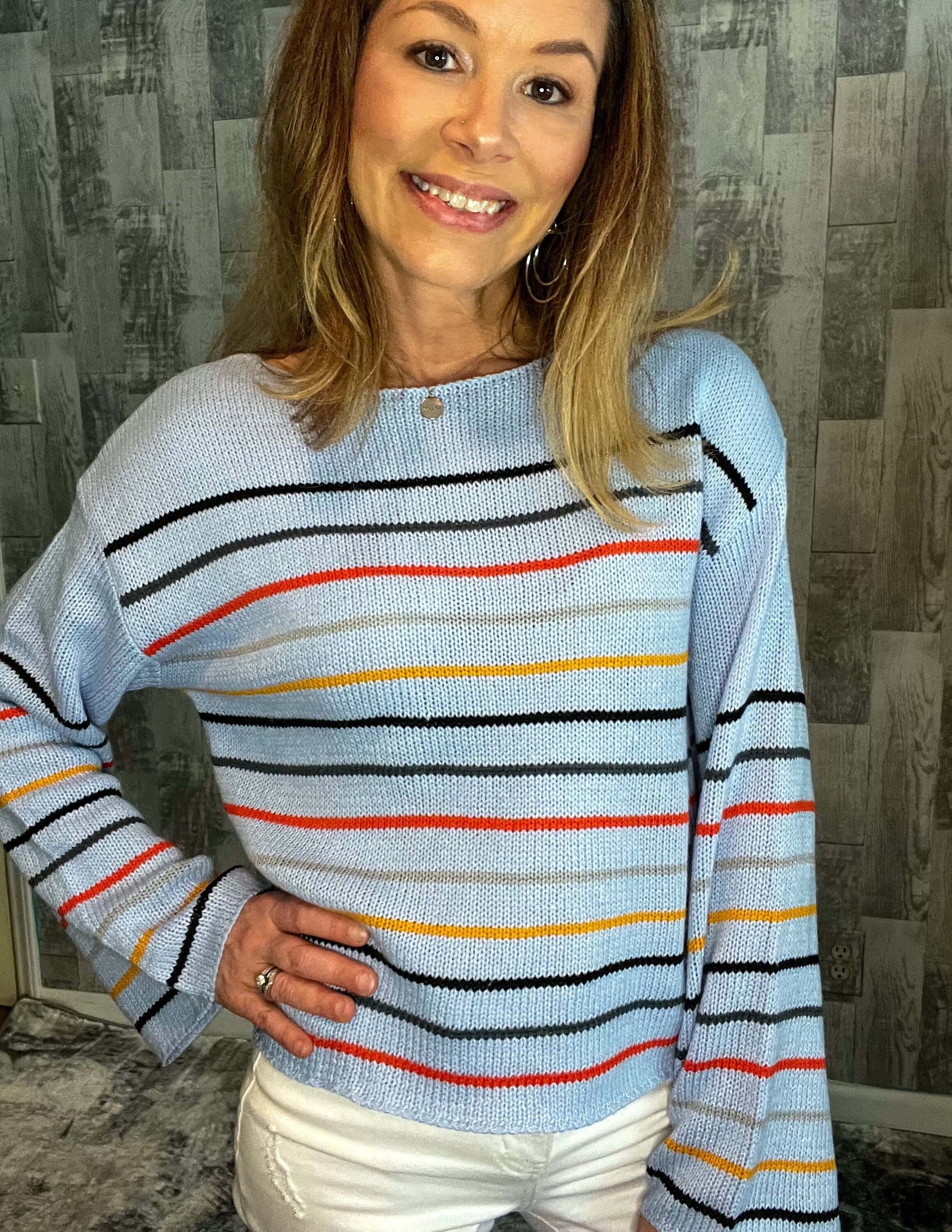 Shirts & Tops 100% Acrylic, boat neck, button down blouse, button down top, clothing, long sleeve, long sleeve top, long sleeves, multi-color stripes, relaxed silhouette, retro long sleeve top, stripe detail, wide sleeve Size: Small, Medium, Large, XL