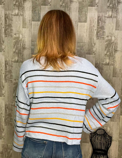 Shirts & Tops 100% Acrylic, boat neck, button down blouse, button down top, clothing, long sleeve, long sleeve top, long sleeves, multi-color stripes, relaxed silhouette, retro long sleeve top, stripe detail, wide sleeve Size: Small, Medium, Large, XL