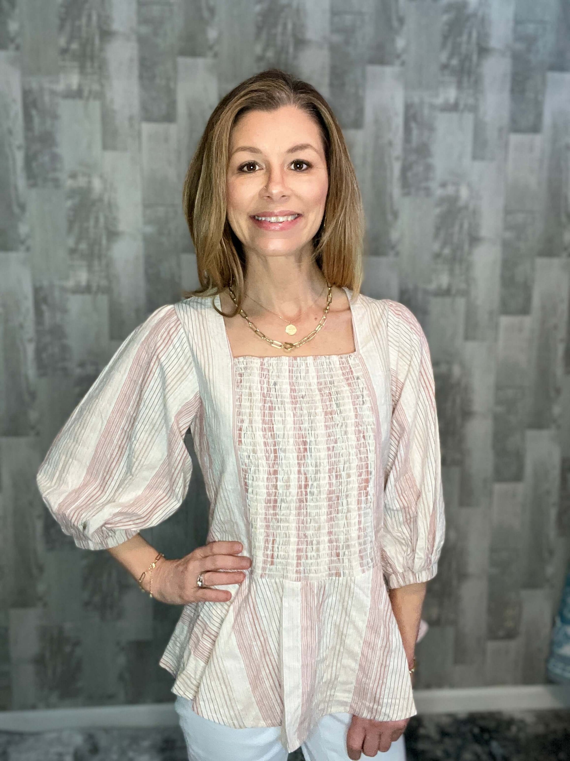 Shirts & Tops 3/4 length sleeve top, 3/4 length top, apparel & accessories, clothing, keyhole back, multi stripe print, peplum hem, shirts & tops, smocked bodice, smocked top, square neck, square neckline Size: Small, Medium, Large