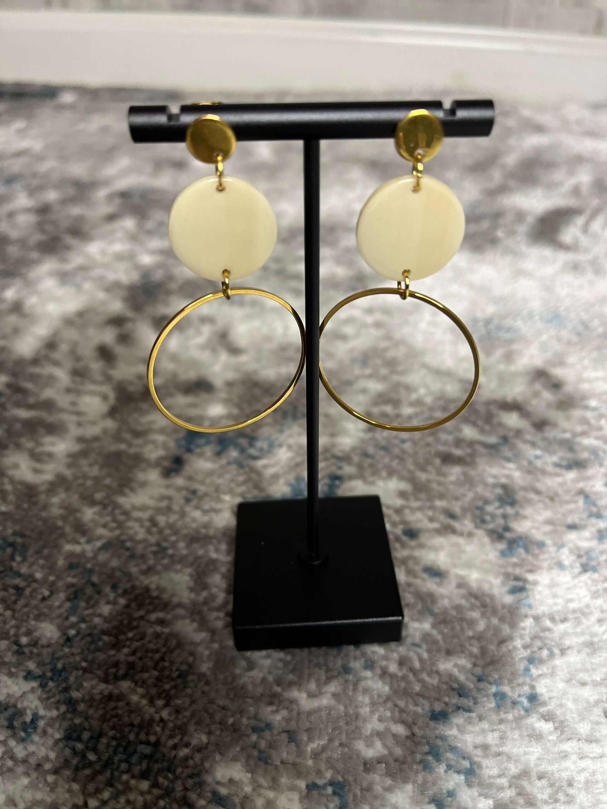 Earrings accessories, acrylic charm, earrings, gold-plated circle charm, gold-plated posts, gold-plated stainless steel posts, Sadie Earrings, Sadie Earrings - Linen, Spiffy & Splendid