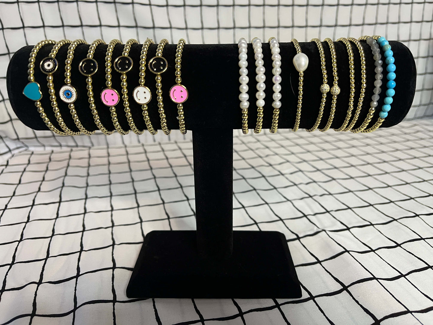 Bracelet accessories, accessory, apparel & accessories, gold beaded bracelet, gold beaded streatch bracelets, stackable bracelets, stretch bracelets, turquoise & gold bead stretch bracelet