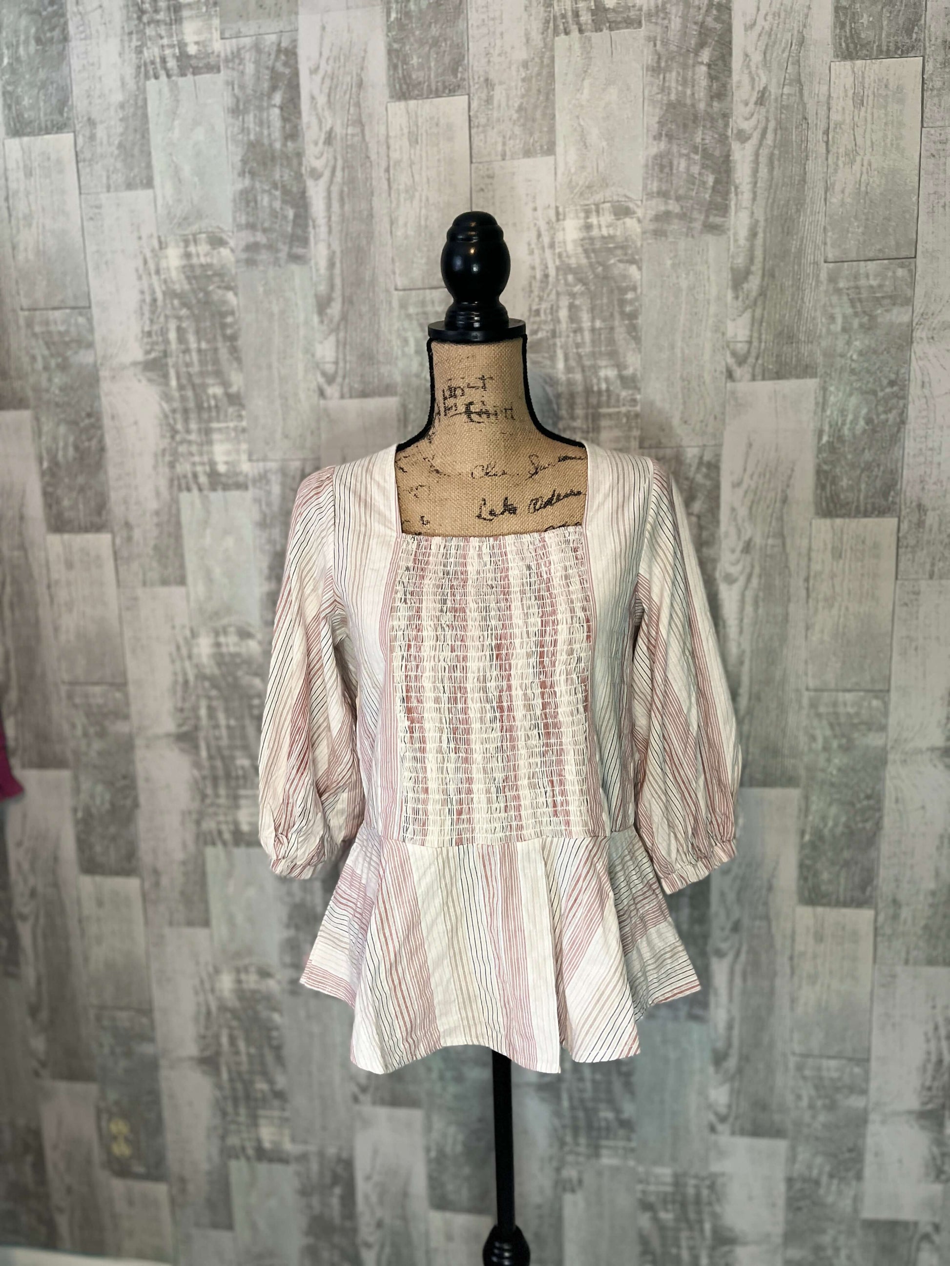 Shirts & Tops 3/4 length sleeve top, 3/4 length top, apparel & accessories, clothing, keyhole back, multi stripe print, peplum hem, shirts & tops, smocked bodice, smocked top, square neck, square neckline Size: Small, Medium, Large